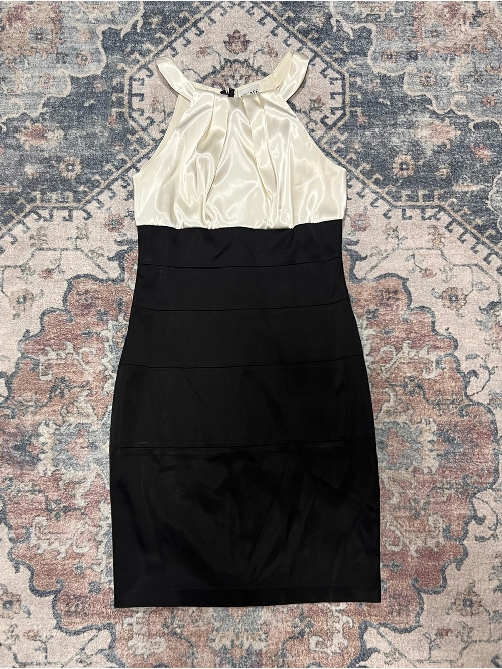 Xscape Ivory and Black Halter Midi Dress